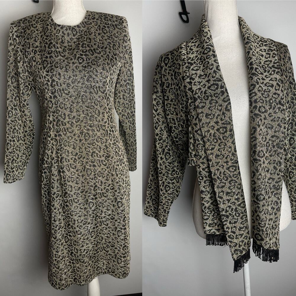 2 Piece Set - Long Sleeves Dress & Blazer Leopard Print Shiny Golden Medium